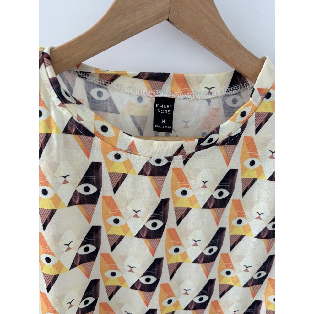 Emery Rose Cat Print Top Women Size M Multicolor Geometric Short Sleeve Blouse